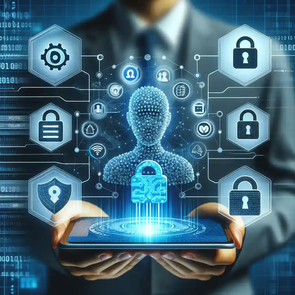 DALL·E 2024 06 07 12.35.21 An AI system processing data with visual indicators of data security measures including encryption symbols and anonymized data representations. The i