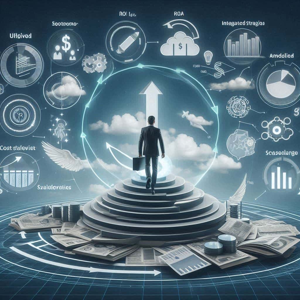 A visual representation of a startups journey from outdated strategies to modern integrated solutions including metrics such as ROI improvement cost savings and scalability milestones
