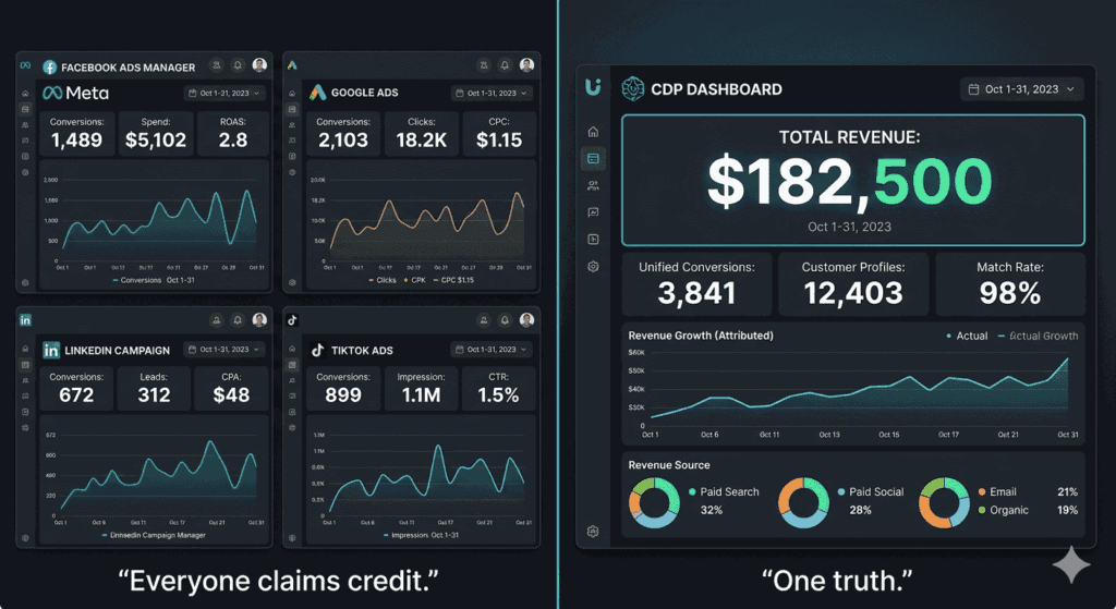 Customer Data Platform: Stop Wasting Your Ad Spend in 2026 1 Gemini Generated Image wlh4hlwlh4hlwlh4 1 Gemini Generated Image wlh4hlwlh4hlwlh4 1 customer data platform dashboard showing unified revenue versus fragmented ad platform conversions