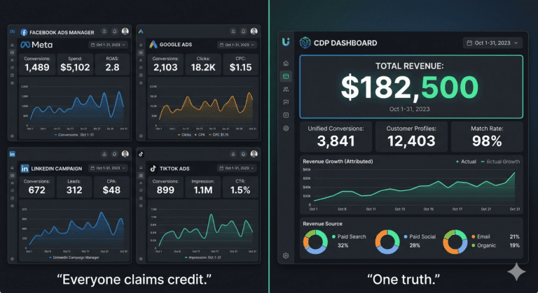 customer data platform dashboard showing unified revenue versus fragmented ad platform conversions
